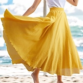 billige Chiffon skjørt-Dame Huske Langt skjørt Fritid Høst Maksi Høy Midje Skjørt Ensfarget Multi Layer Lang Ferie Fritid / hverdag Påfugl Blå Blå Ingefær Oransje Vår sommer Lin / bomullsblanding