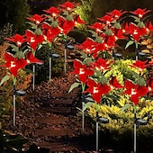 billige Soldrevet-2 stk jule solenergi julestjerne stakes lys, sol rødt blomsterlys hage utendørs vanntett landskapslampe vanntett julefest hjem hage park sti dekorasjon