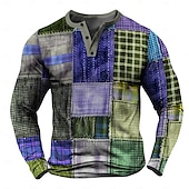 preiswerte Geometrisch-Herren Patchwork Henley Shirt langarmshirt Langarm 3d Drucken Designer Retro Vintage Brautkleider schlicht Strasse Casual Täglich Winter Frühling &amp; Herbst Rote Blau Dunkelblau Henley-Kragen Knopf