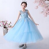 baratos Vestidos floridos-Vestido para Meninas das Flores Crianças Para Meninas Vestido de princesa Espetáculo Casamento Festa Elegante Lindo Com Transparência Côr Sólida Sem Manga Gola Redonda Branco Rosa 4 anos +