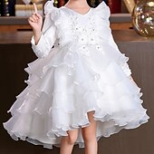preiswerte Partykleider-kinderkleidung Mädchen Party Kleid Blume Langarm Hochzeit Besondere Anlässe Patchwork Zip bezaubernd Süß Baumwolle Polyester Asymmetrisch abendkleider Sommer Frühling Herbst 4-13 Jahre Weiß Rosa Rote