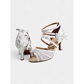 abordables Chaussures de danses latines-chaussures de danse latine à paillettes argentées pour femmes - talons à lanières avec design à double boucle et semelle en daim souple pour les événements de salsa, de salle de bal et de fête