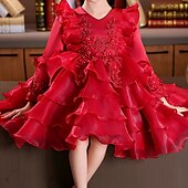 preiswerte Partykleider-kinderkleidung Mädchen Party Kleid Blume Langarm Hochzeit Besondere Anlässe Patchwork Zip bezaubernd Süß Baumwolle Polyester Asymmetrisch abendkleider Sommer Frühling Herbst 4-13 Jahre Weiß Rosa Rote