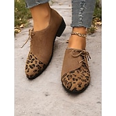 abordables années 1930-chaussures oxford en faux suède marron à imprimé léopard - chaussures plates à lacets élégantes pour femmes, parfaites pour les looks décontractés et vintage