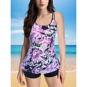 billiga Tankinis-Dam Badkläder 2 st Shorts Baddräkt Öppen rygg geometriska Grafisk Blomma Rund Semester Stylish Baddräkter