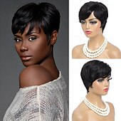 economico Parrucche di capelli veri senza cuffia-parrucca pixie cut per donne nere parrucche corte per capelli umani senza pizzo frontale parrucche corte a strati con frangia per l&#039;uso quotidiano colore naturale