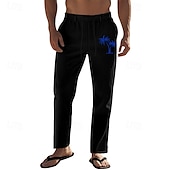 baratos Feriado-Homens Calças de linho Calças Calça verão Calças de praia Com Cordão Cintura elástica Perna reta Coqueiro Conforto Respirável Comprimento total Diário Feriado Praia Férias Moda Preto Branco