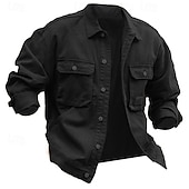 preiswerte Lässige Jacken-Herren Leichte Jacke Hemdjacke Freizeitjacke Jacke Formal Heim Tasche Frühling Herbst Winter Feste Farbe Vintage Modisch Umlegekragen Standard Schwarz Braun Grün Khaki Jacken