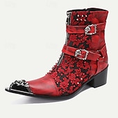 cheap Premium Leather Boots-Men&#039;s Red &amp; Black Gothic Leather Ankle Boots with Skull Buckles, Studded Accents, and Embroidered Floral Design – Premium Cowhide Punk Rock Footwear