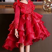 preiswerte Partykleider-kinderkleidung Mädchen Party Kleid Blume Langarm Hochzeit Besondere Anlässe Patchwork Zip bezaubernd Süß Baumwolle Polyester Asymmetrisch abendkleider Sommer Frühling Herbst 4-13 Jahre Weiß Rosa Rote