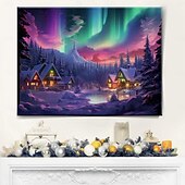 Snow Village LED Canvas Wall Art LED Lighted Up Wall Decor 2AA Battery Operated Lighted Canvas Print LED Light Kitchen Bedroom or Home Decor Winter Wonderland Nothern Light 7