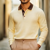 abordables Polo classique pour homme-Homme Polos gaufrés Polo Pull Entreprise Casual Revers Classique manche longue Mode basique Couleur unie Poche Automne Hiver Standard Jaune Polos gaufrés
