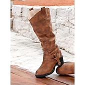 levne Cowboy &amp; Western Boots-dámské hnědé kozačky ke kolenům s detaily přezek a blokovým podpatkem – stylová obuv inspirovaná westernem pro běžné nošení i outdoorové outfity