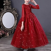 preiswerte Kleider für die Blumenmädchen-Blumenmädchenkleid Kinder Mädchen Prinzessinenkleid Leistung Hochzeit Party Elegant Schön Gitter Feste Farbe Langarm Rundhalsausschnitt Weinrot Weiß 4 Jahre +