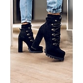 baratos Botas de tornozelo-Botas femininas pretas de salto alto com cadarço e sola resistente – calçado estiloso para trajes casuais e ao ar livre