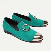 abordables Mocassins en cuir de qualité supérieure-mocassins en daim vert pour hommes avec bout métallique et boucle circulaire – chaussures habillées en cuir de vachette de qualité supérieure pour tenues formelles et décontractées