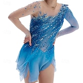 cheap Figure Skating Dresses-Figure Skating Dress Women&#039;s Girls&#039; Ice Skating Dress Sky Blue Patchwork Thumbhole Mesh Spandex Stretchy Training Practice Professional Skating Wear Thermal Warm Crystal / Rhinestone Long Sleeve Ice