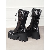 baratos Botas com salto-botas plataforma femininas com cadarço e lantejoulas – botas de salto grosso verde e azul brilhantes para festas, festivais e cosplay