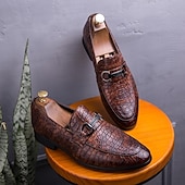 cheap Semi-Formal-Men&#039;s Red Crocodile-Embossed Faux Leather Loafers – Luxury Slip-On Shoes with Sleek Metal Buckle Accent for Formal and Business Wear