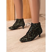 baratos década de 1950-bota de cano curto com estampa de leopardo verde e salto gatinho – sapatos chiques estilo retrô para mulheres