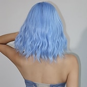 abordables Perruques Synthétiques Sans Bonnet-Perruque de cosplay Boucle rebondissante Bob Coupe Carré Coupe Droite Avec Frange Perruque 14 pouces Bleu Ciel Cheveux Synthétiques Femme Élastique Adorable Confortable Bleu