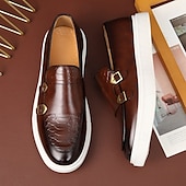 economico Casuale-mocassini da uomo in similpelle marrone con cinturini a doppia fibbia, motivo coccodrillo e suola bianca: eleganti scarpe casual eleganti per l&#039;ufficio o le occasioni formali