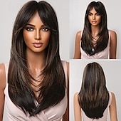 voordelige Synthetische trendy pruiken-pruiken voor vrouwen lang steil gelaagd haar pruik met pony hittebestendige synthetische cosplay party pruik