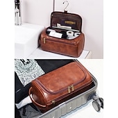cheap Cosmetic Bags &amp; Cases-Women&#039;s Faux Leather Hanging Toiletry Bag – Travel Dopp Kit with Hook, Multiple Compartments, and Zipper Closure, Available in Brown, Black, and Tan, Perfect for Organizing Grooming Essentials