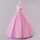 billige Blomsterkjoler-Blomsterpikekjole Barn Jente Prinsesse kjole Ytelse Bryllup Fest Elegant Vakker Netting Regnbue Ermeløs Crew-hals Rosa Blå 4 år +