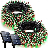 billige Soldrevet-2 stk 10m 100led solcellelys – røde og grønne vanntette utendørs lysstrenger til jul gårdsplass hage balkong gjerde juletre festlig atmosfære dekorativ lysstreng