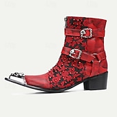 cheap Premium Leather Boots-Men&#039;s Red &amp; Black Gothic Leather Ankle Boots with Skull Buckles, Studded Accents, and Embroidered Floral Design – Premium Cowhide Punk Rock Footwear
