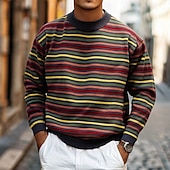 preiswerte Herrenpullover-Herren Pullover Gestreifter Pulli Weihnachtspullover Gerippt Grobstricken Stricken Klassisch Regenbogen Rundhalsausschnitt Weihnachten Strickware Weihnachten Heim Bekleidung Herbst Winter Rote M L XL
