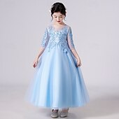 billige Blomsterkjoler-Blomsterpikekjole Barn Jente Prinsesse kjole Ytelse Bryllup Fest Elegant Vakker Netting Helfarge Kortermet Crew-hals Hvit Champagne 4 år +