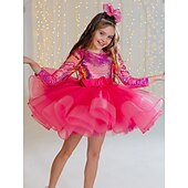 preiswerte Partykleider-kinderkleidung Mädchen Party Kleid Feste Farbe Langarm Leistung Gitter Prinzessin Süß Gitter Mitte der Wade Etuikleid Tüll-Kleid Sommer Frühling Herbst Kinder Rosenrot