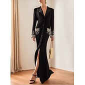 baratos Comprimento do chão-Blazer Preto e Branco A-Line Vestido de Festa Vintage Vestido de Terno Formal Casamento Comprimento do Chão Manga Longa Gola Camisa com Glitter de Strass 2025
