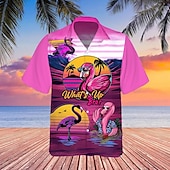 preiswerte Vögel &amp; Tiere-Herren Blumen Flamingo Tropisch Hemd Hawaiihemd Sommerhemd Aloha-Shirt Kurze Ärmel Hemd Umlegekragen Designer Brautkleider schlicht Weich Outdoor Casual Täglich Rosa Marineblau Blau S M L