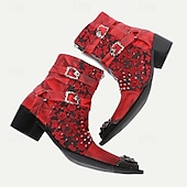 cheap Premium Leather Boots-Men&#039;s Red &amp; Black Gothic Leather Ankle Boots with Skull Buckles, Studded Accents, and Embroidered Floral Design – Premium Cowhide Punk Rock Footwear