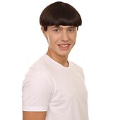 abordables Pelucas hombre-Peluca de corte de tazón retro de Halloween de 9 pulgadas para hombres adultos, colores marrones, cabello sintético suave para festivales, fiestas de anime, fibra sintética ignífuga