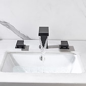 preiswerte Waschbeckenarmaturen-schwarzer Badezimmerhahn, 3-Loch, weit verbreiteter Badezimmerwaschbeckenhahn, 2 Griffe, mattschwarzer Badhahn, moderner Waschtischhahn mit Wasserversorgungsleitungen