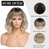 economico Parrucche trendy sintetiche-parrucche per donne parrucca corta ondulata con frangia parrucca con radici scure lunghezza media capelli sintetici naturali per feste quotidiane &amp;amplificatore cosplay
