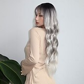 abordables Perruques Synthétiques Sans Bonnet-Perruque Synthétique Ondulé Boucle rebondissante Partie médiane Coupe Droite Perruque 28 pouces Gris argenté Cheveux Synthétiques Femme Au Milieu Frais Adorable Gris