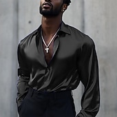 preiswerte Satinhemden für Herren-Herren Hemd Satinhemd Freizeithemd Knopfhemd Einfach Hochzeit Urlaub Schwarz Weiß Wein Blau Langarm Revers Frühling &amp; Herbst Bekleidung Knöpfe
