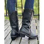 tanie Kowboj i zachodnie buty-damskie kowbojskie buty w stylu western – klasyczne, sięgające do połowy łydki, brązowe, ze sztucznej skóry z haftowanym wzorem, idealne na co dzień, na festiwale i do strojów wiejskich