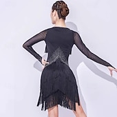 cheap Competition Dress-Latin Salsa Dance Dress Rhinestone Tassel Splicing Women's Performance Training Long Sleeve Mesh Milk Fiber