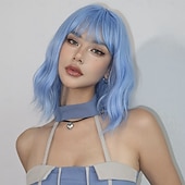 abordables Perruques Synthétiques Sans Bonnet-Perruque de cosplay Boucle rebondissante Bob Coupe Carré Coupe Droite Avec Frange Perruque 14 pouces Bleu Ciel Cheveux Synthétiques Femme Élastique Adorable Confortable Bleu