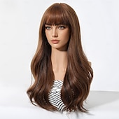 cheap Synthetic Trendy Wigs-Synthetic Wig Uniforms Career Costumes Princess Body Wave Layered Haircut Neat Bang Machine Made Wig 24 inch Dark Brown Synthetic Hair Women&#039;s Cosplay Party Fashion Dark Brown