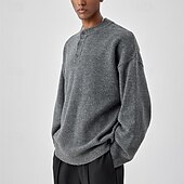 cheap Men&#039;s Pullover Sweater-Men&#039;s Pullover Sweater Jumper Knit Sweater Pullover Polo Sweater Ribbed Knit Regular Knitted Plain Henley Fashion Basic Vacation Daily Wear Clothing Apparel Fall &amp; Winter Black Light Grey M L XL