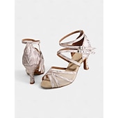 abordables Chaussures de danses latines-chaussures de danse latine à paillettes argentées pour femmes - talons à lanières avec design à double boucle et semelle en daim souple pour les événements de salsa, de salle de bal et de fête