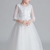 preiswerte Kleider für die Blumenmädchen-Blumenmädchenkleid Kinder Mädchen Prinzessinenkleid Leistung Hochzeit Party Elegant Schön Gitter Feste Farbe Langarm Rundhalsausschnitt Weinrot Weiß 4 Jahre +