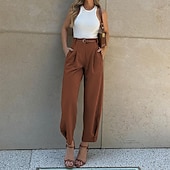 abordables pierna ancha y cintura alta-Mujer Talla EU / US Pantalones Casual Confort Longitud total Tiro Alto Color sólido Cremallera Hebilla Cómodo Microelástico Fiesta Casual Diario Negro Verde Ejército Café Otoño invierno Todas las